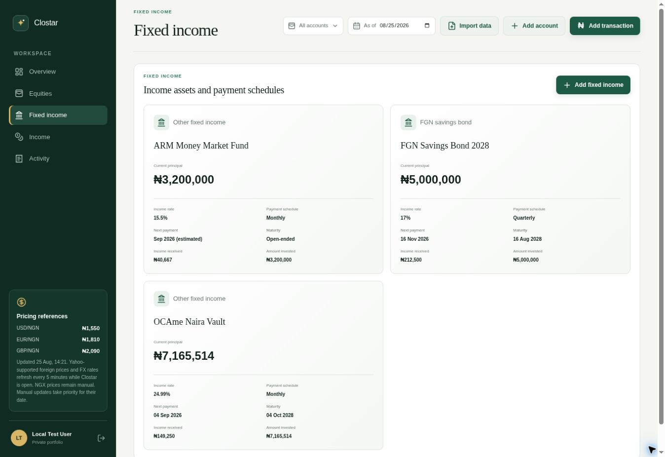 Clostar fixed income view with principal, rates and payment schedules